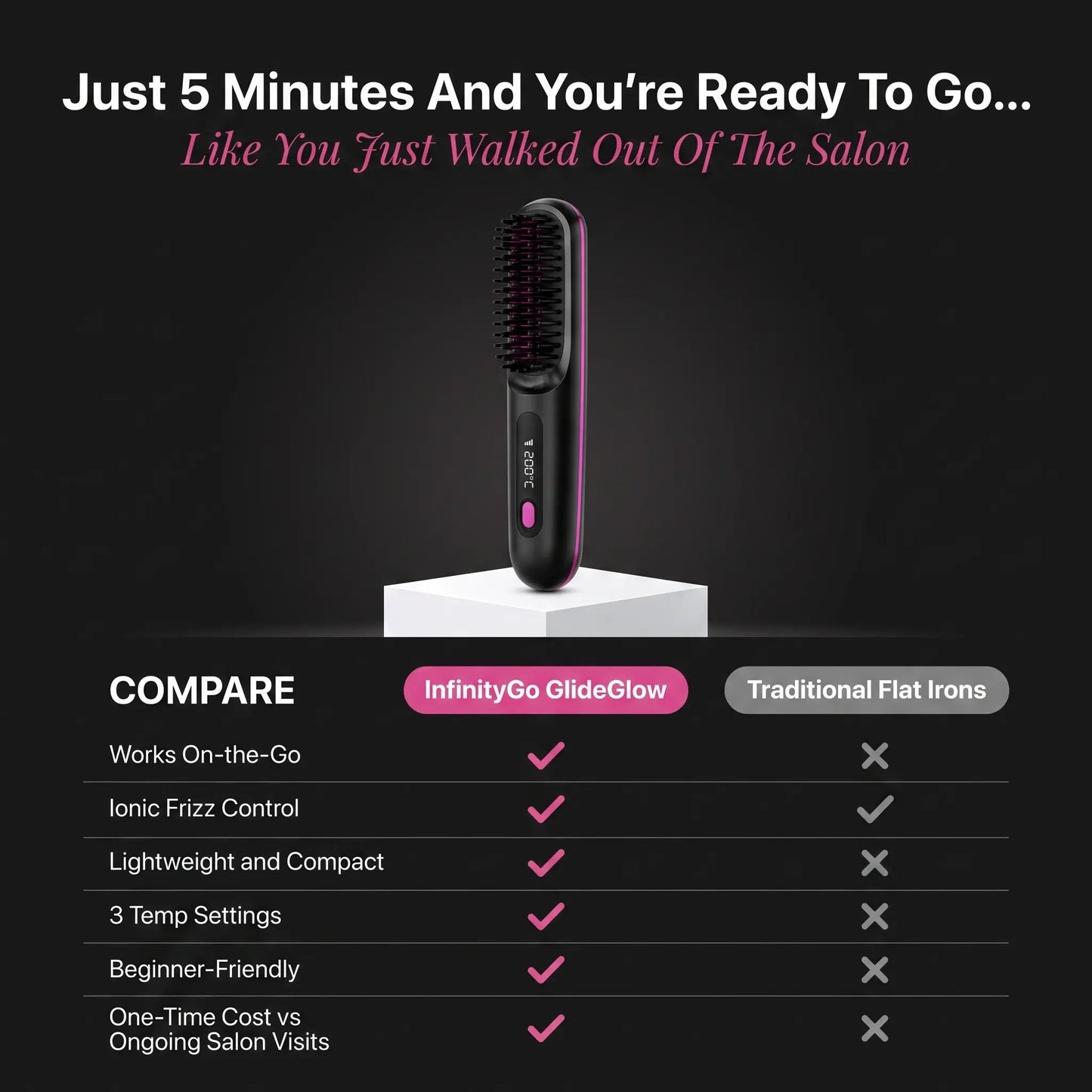 Model running a cordless straightening brush through her hair
