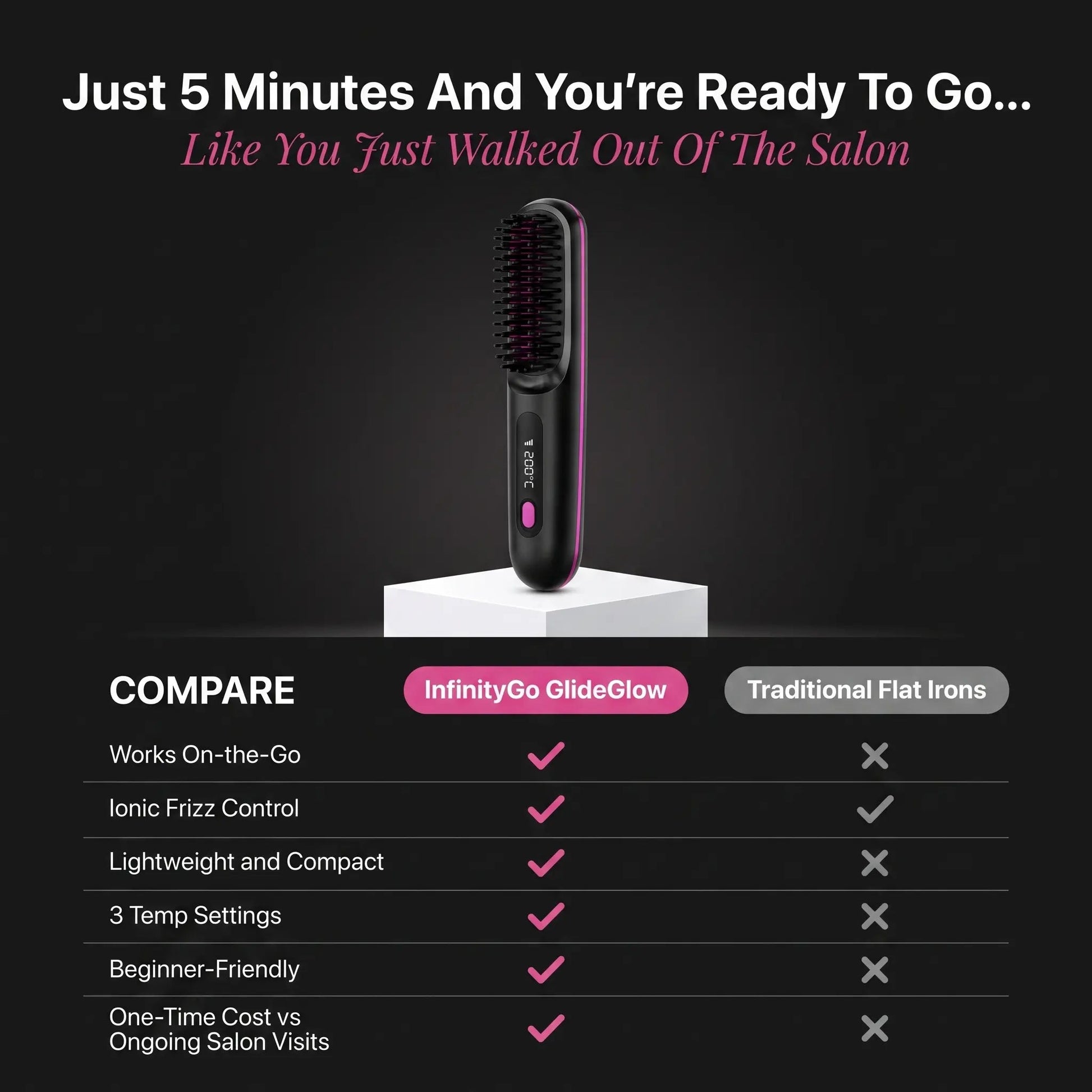Model running a cordless straightening brush through her hair
