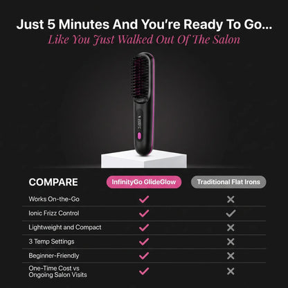 Model running a cordless straightening brush through her hair