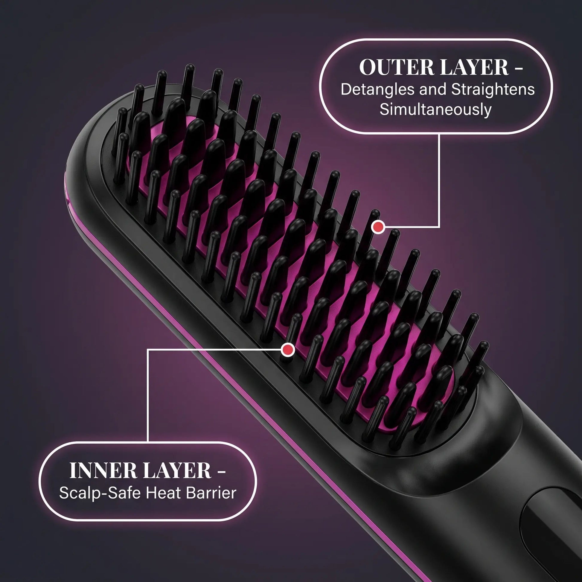 Close-up of dual-layer bristle head on a cordless styling brush