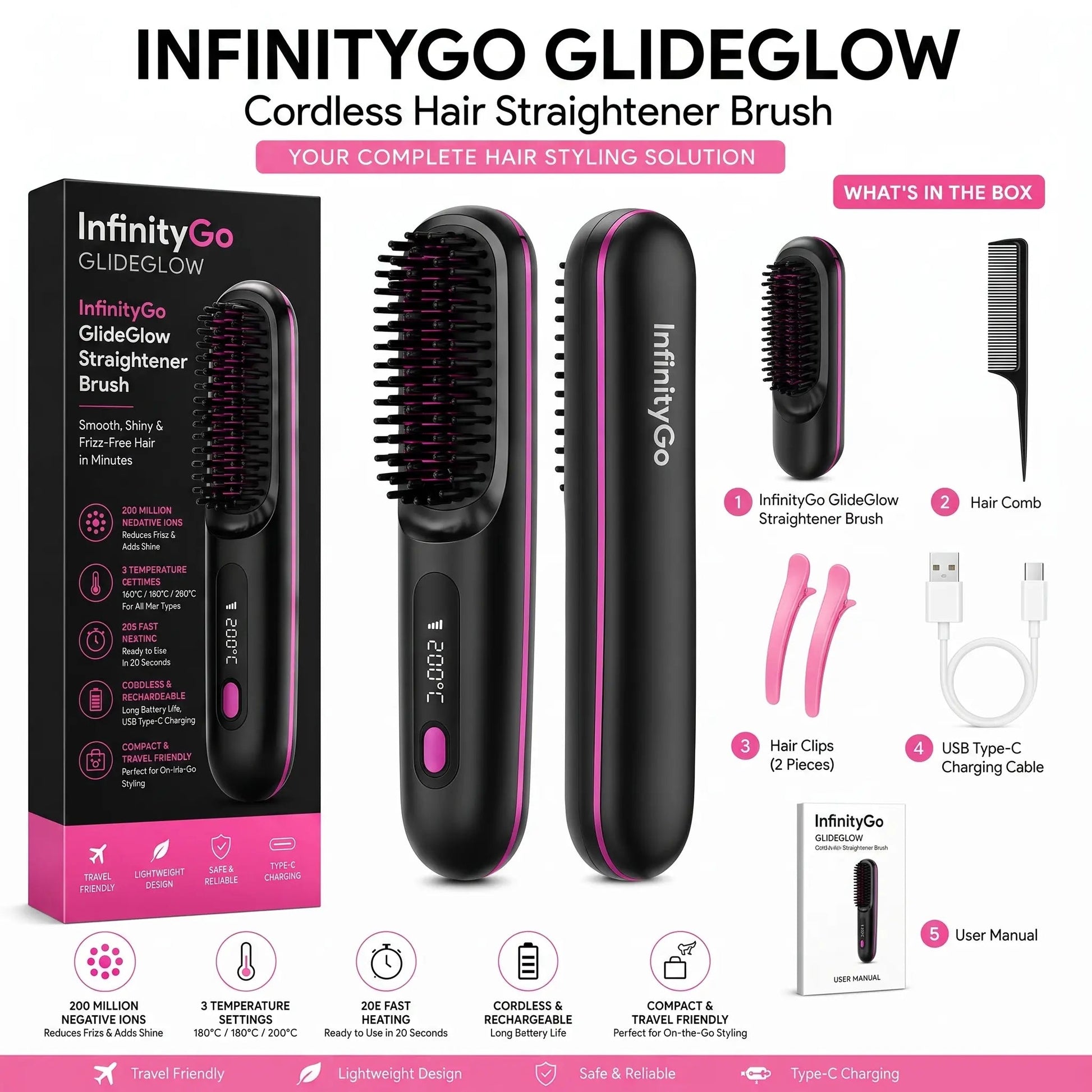 Cordless hair straightening brush with charging cable and retail box