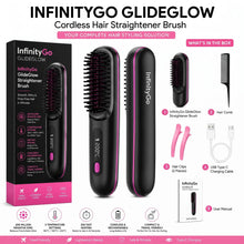 Cordless hair straightening brush with charging cable and retail box